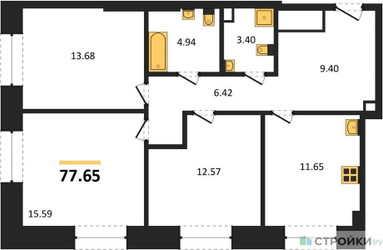 Планировка трехкомнатной(квартира) площадью 77.65 квадратных метров в ЖК “ЖК Sezar City (Сезар Сити)”