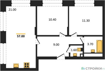 Планировка двухкомнатной(квартира) площадью 57 квадратных метров в ЖК “ЖК Wave (Вейв)”