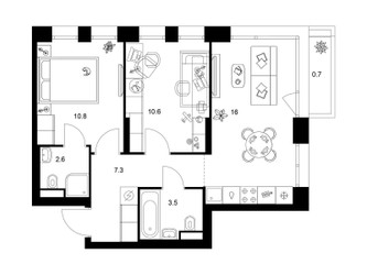 Планировка двухкомнатной(квартира) площадью 51.5 квадратных метров в ЖК “ЖК Строгино 360”
