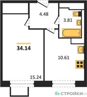 Планировка однокомнатной(квартира) площадью 34.14 квадратных метров в “ЖК Пятницкие луга”
