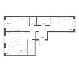 Планировка двухкомнатной(квартира) площадью 62.84 квадратных метров в ЖК “ЖК Квартал Домашний”