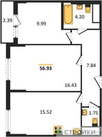 Планировка двухкомнатной(квартира) площадью 56.93 квадратных метров в “ЖК Светлый мир БиоПолис”