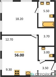 Планировка однокомнатной(квартира) площадью 57.4 квадратных метров в ЖК “Роскошный квартал Life Time”