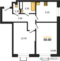 Планировка двухкомнатной(квартира) площадью 50 квадратных метров в ЖК “ЖК Видный берег 2”