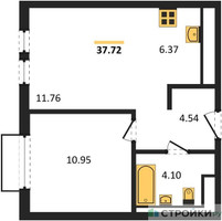 Планировка однокомнатной(квартира) площадью 37.72 квадратных метров в “ЖК Пригород Лесное”
