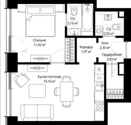 Планировка однокомнатной(квартира) площадью 43.03 квадратных метров в ЖК “ЖК Сити Бэй”