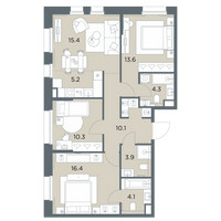 Планировка 4+ комнатной(квартира) площадью 83.3 квадратных метров в “ЖК Станиславский”