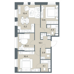 Планировка 4+ комнатной(квартира) площадью 83.3 квадратных метров в ЖК “ЖК Станиславский”