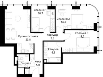 Планировка трехкомнатной(квартира) площадью 81.3 квадратных метров в ЖК “ЖК Сити Бэй”