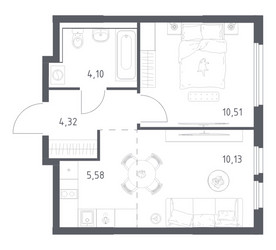 Планировка однокомнатной(квартира) площадью 34.64 квадратных метров в ЖК “ЖК Пригород Лесное”