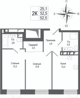 Планировка двухкомнатной(квартира) площадью 52.5 квадратных метров в “ЖК КИНОКВАРТАЛ”