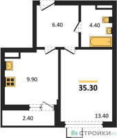 Планировка однокомнатной(квартира) площадью 35.3 квадратных метров в “ЖК Деснаречье”
