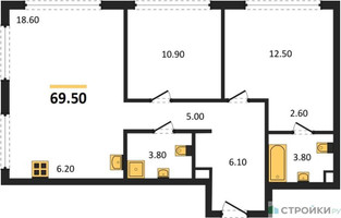 Планировка двухкомнатной(квартира) площадью 69.5 квадратных метров в “ЖК НАЗАРÉ (Мангазея в Богородском)”