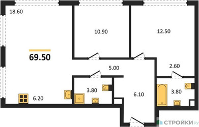 Планировка двухкомнатной(квартира) площадью 69.5 квадратных метров в ЖК “ЖК НАЗАРÉ (Мангазея в Богородском)”