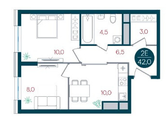 Планировка двухкомнатной(квартира) площадью 42 квадратных метров в ЖК “ЖК РУСИЧ-Кантемировский”