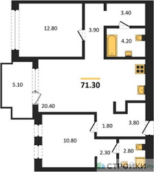 Планировка двухкомнатной(квартира) площадью 71.3 квадратных метров в ЖК “ЖК Дом А”