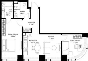 Планировка двухкомнатной(квартира) площадью 63.81 квадратных метров в ЖК “ЖК Веер”
