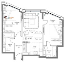 Планировка двухкомнатной(квартира) площадью 67 квадратных метров в “ЖК Дрим Рива”