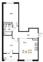 Планировка двухкомнатной(квартира) площадью 58.9 квадратных метров в “ЖК Новое Летово”