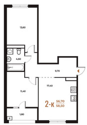 Планировка двухкомнатной(квартира) площадью 58.9 квадратных метров в ЖК “ЖК Новое Летово”