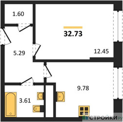 Планировка однокомнатной(квартира) площадью 32.73 квадратных метров в ЖК “ЖК Дюна”