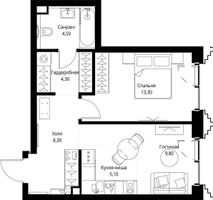 Планировка однокомнатной(квартира) площадью 45.7 квадратных метров в “ЖК СЕТ”
