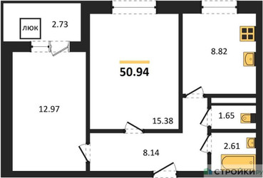 Планировка двухкомнатной(квартира) площадью 50.94 квадратных метров в ЖК “Ласточкино”
