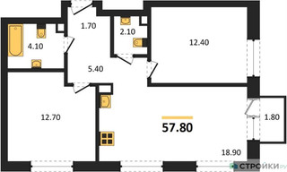 Планировка двухкомнатной(квартира) площадью 57.8 квадратных метров в “ЖК Шагал”