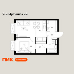 Планировка однокомнатной(квартира) площадью 37.6 квадратных метров в ЖК “ЖК 2-й Иртышский”