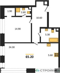 Планировка однокомнатной(квартира) площадью 65.2 квадратных метров в ЖК “ЖК Sydney City (Сидней Сити)”
