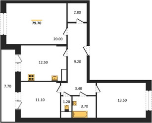 Планировка трехкомнатной(квартира) площадью 79.7 квадратных метров в ЖК “ЖК Эдельвейс (Первомайское)”