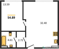 Планировка однокомнатной(апартаменты) площадью 54.6 квадратных метров в “ЖК CULT (Культ)”