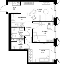 Планировка двухкомнатной(квартира) площадью 55.2 квадратных метров в ЖК “ЖК СЕТ”