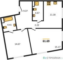 Планировка двухкомнатной(квартира) площадью 61.69 квадратных метров в “Квартал Foriver”