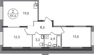 Планировка двухкомнатной(квартира) площадью 61.4 квадратных метров в “ЖК Переделкино Ближнее”