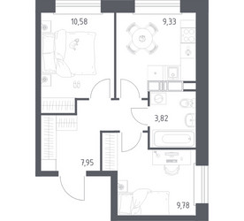 Планировка двухкомнатной(квартира) площадью 41.46 квадратных метров в ЖК “ЖК ЭкоБунино (Южное Бунино)”
