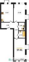 Планировка двухкомнатной(квартира) площадью 57.41 квадратных метров в “ЖК Квартал Авиаторов”