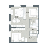 Планировка трехкомнатной(квартира) площадью 61.1 квадратных метров в “ЖК Станиславский”