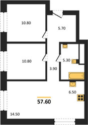 Планировка двухкомнатной(квартира) площадью 57.6 квадратных метров в ЖК “ЖК Квартал Метроном”