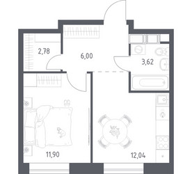 Планировка однокомнатной(квартира) площадью 36.34 квадратных метров в ЖК “ЖК Цветочные Поляны”