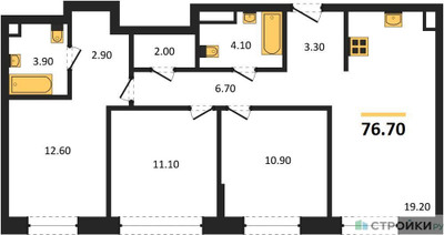 Планировка трехкомнатной(квартира) площадью 76.7 квадратных метров в ЖК “ЖК Шагал”