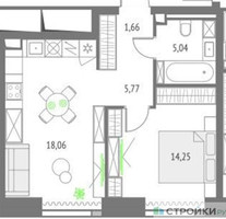 Планировка однокомнатной(квартира) площадью 44.78 квадратных метров в “ЖК Upside Towers (Апсайд Тауэрс)”