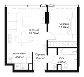 Планировка однокомнатной(квартира) площадью 43.6 квадратных метров в ЖК “ЖК Слава”