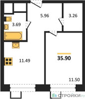 Планировка однокомнатной(квартира) площадью 35.9 квадратных метров в “ЖК Апарт-отель Тропарево парк”