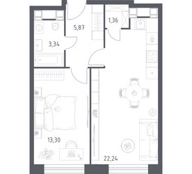 Планировка однокомнатной(апартаменты) площадью 46.11 квадратных метров в ЖК “ЖК Пятницкое 58 (Перец)”