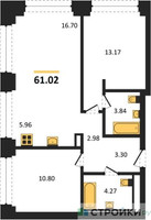 Планировка двухкомнатной(квартира) площадью 61.02 квадратных метров в “ЖК NOVA (Нова)”
