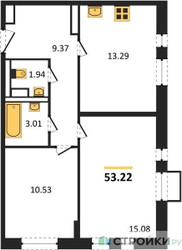 Планировка двухкомнатной(квартира) площадью 53.22 квадратных метров в ЖК “ЖК Пятницкие луга”