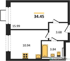 Планировка однокомнатной(квартира) площадью 34.45 квадратных метров в “ЖК Новое Видное”