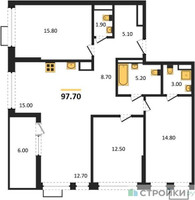 Планировка трехкомнатной(квартира) площадью 97.7 квадратных метров в “ЖК Скандинавия”