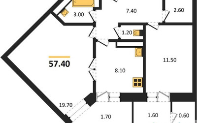 Планировка двухкомнатной(квартира) площадью 58.6 квадратных метров в ЖК “ЖК Три квартала”